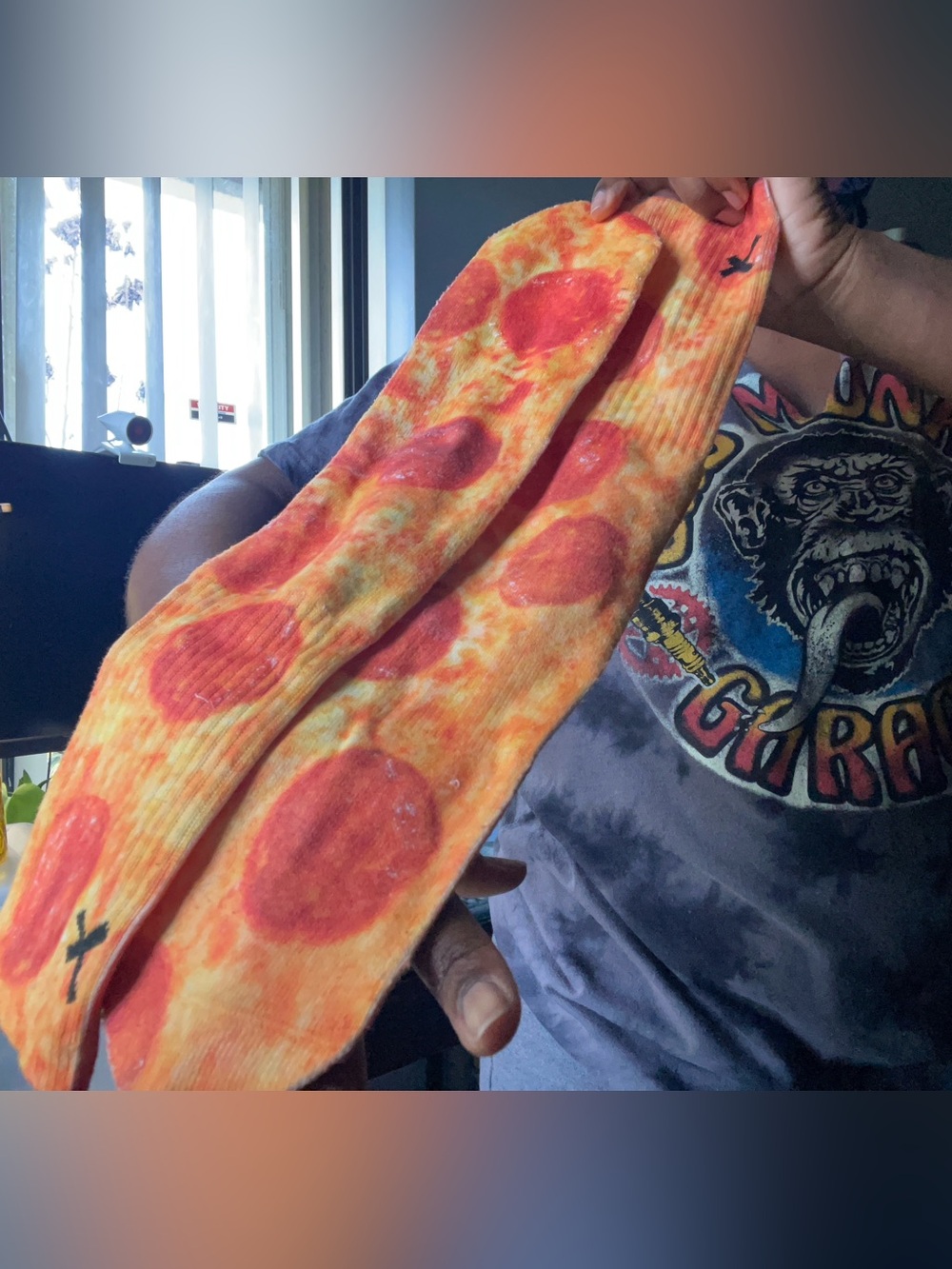 Pizza Print Crew Socks - Orange & Red Pepperoni Design